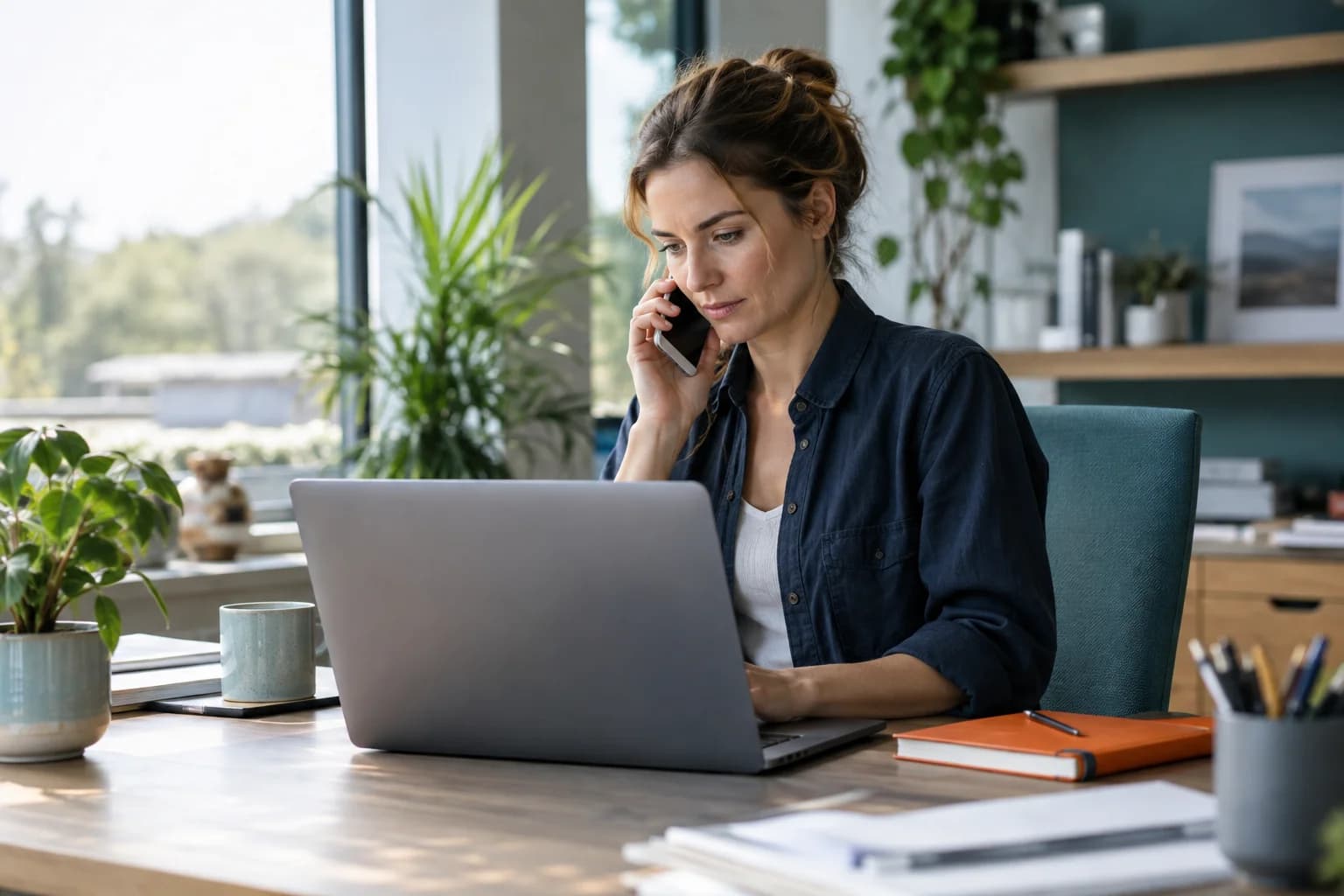 AI-generated scene of a business owner taking a customer call