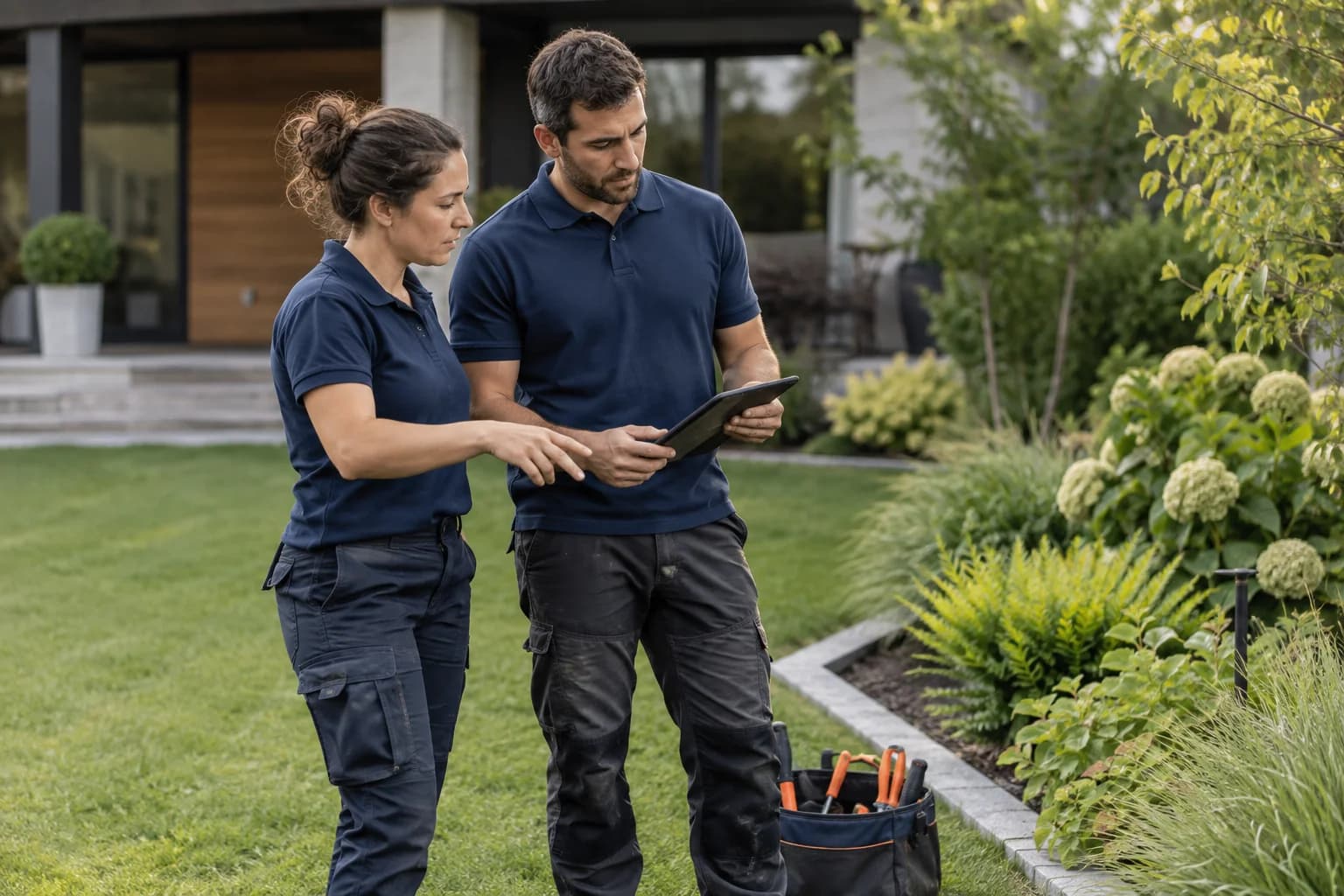 AI-generated scene of a landscaping crew planning a residential project