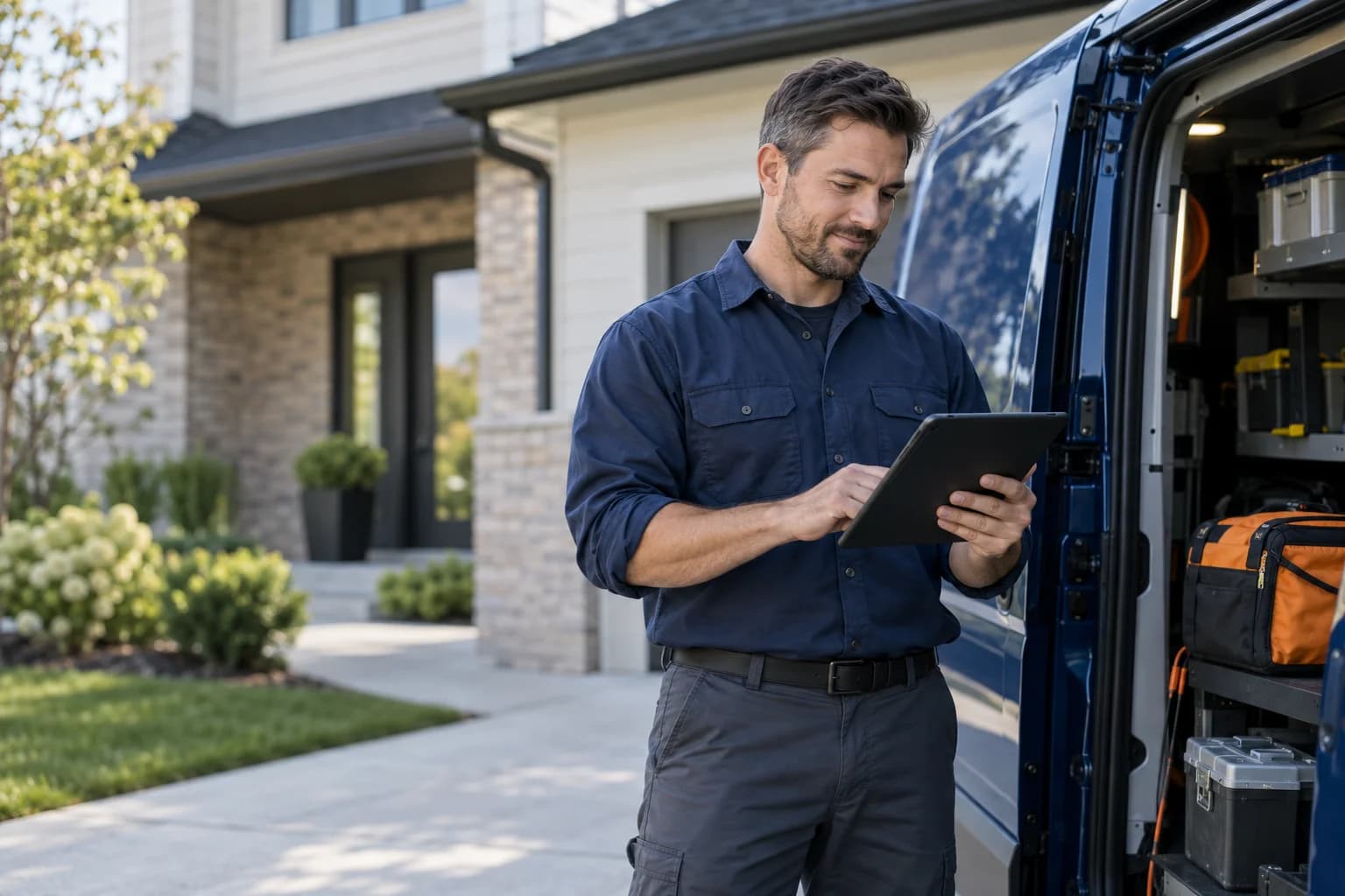 AI-generated scene of a service professional checking a tablet beside a work van