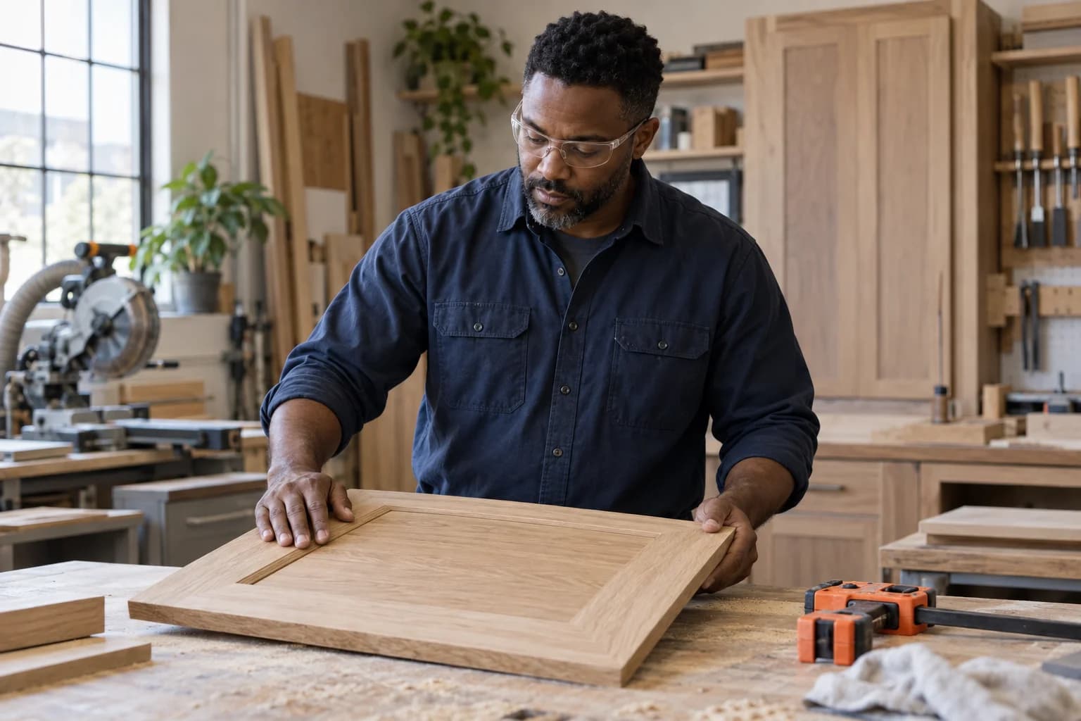 AI-generated scene of a cabinetmaker inspecting finished woodwork